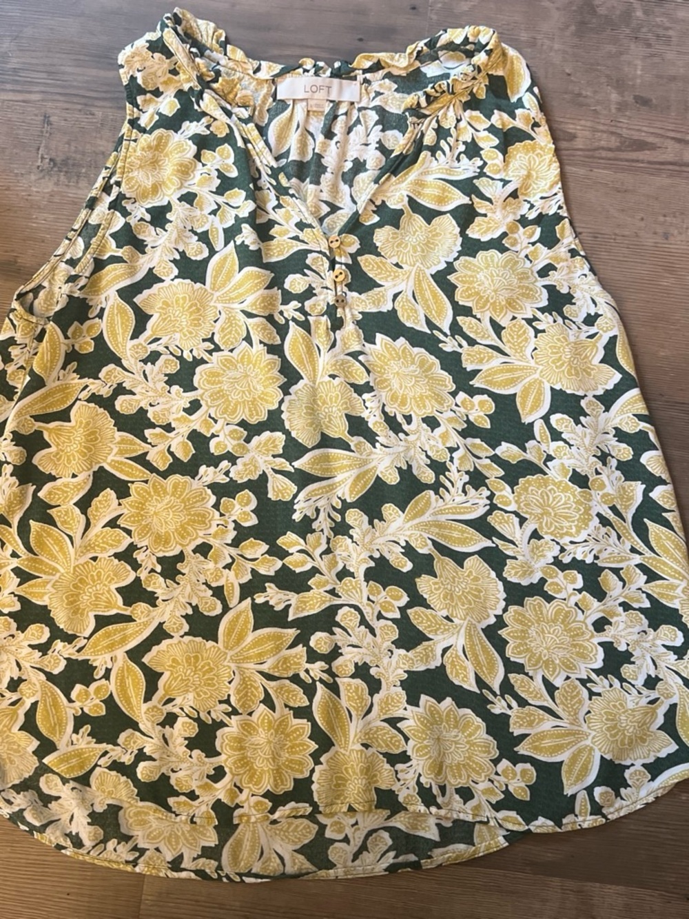 LOFT Green and Yellow Floral Ruffle Neck Sleeveless Top